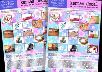 Kertas Decal/ stiker decal/ water slide decal paper Sublime ini bisa untuk printer laser, sablon cat oil base, printer inkjet tinta Art Paper, tinta pigment, Tinta Sublime.
